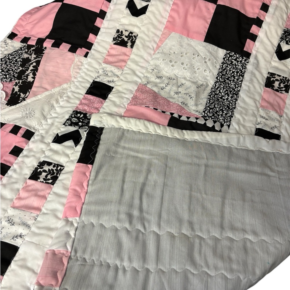 Baby or lap quilt. 36”x39” approx. pink white black and lace - Picture 7 of 14